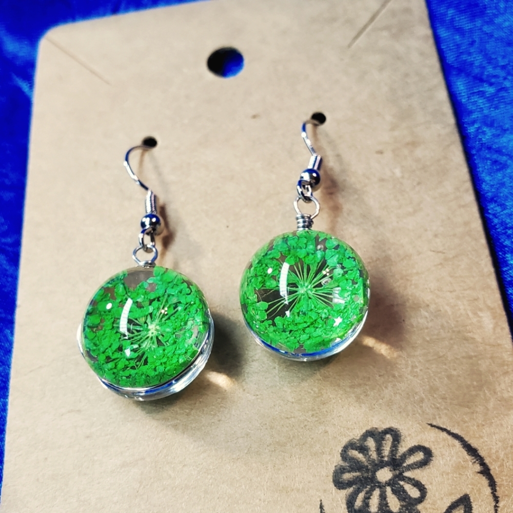 Encapsulated Green Flower Earrings